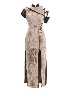 This unique qipao combines steampunk and traditional Chinese elements with its dragon embroidery and tie-dye print. The asymmetrical sleeves add a modern twist, while the lace-up back provides a customizable fit. Perfect for those who love to stand out with their fashion choices. SizeSMLXLBust83879195Waist64687276Hips909498102Shoulders37383940Full Length130131.5133134.5 Chinese Fashion Traditional, 18th Dress, Dragon Dress, Chinese Fancy Dress, Dragon Embroidery, Modern Qipao, Designer Brands Fashion, Chinese Traditional Clothing, Traditional Chinese Dress