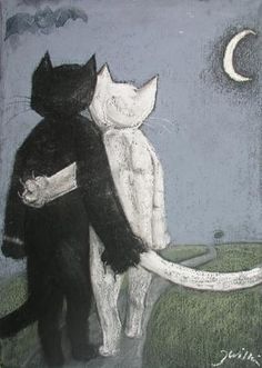 two cats hugging each other in front of the moon