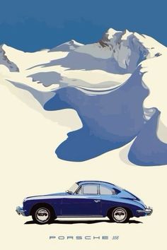 a blue car parked in front of a snow covered mountain range with the word porsche written on it