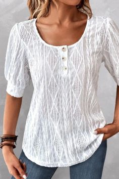 Experience a blend of elegance and casual style in the Button White Round Neck Short Sleeve Blouse. Perfectly accommodating for both petite and plus sizes, this staple piece is an absolute must-have for your 2023 Summer wardrobe. Whether you're heading to work or enjoying a laidback Sunday afternoon, this blouse effortlessly balances comfort and sophistication, making it your go-to option for any occasion. Don't miss out on our 2023 summer sale .(07/2023)$23.98 #WhiteBlouse #PlusSizeTop #Rotita Sunday Tops For Women, Short Sleeve Lace Blouse, Round Neck Blouse, Amazing Dresses, Badass Style, Sunday Afternoon, Style Blogger, Summer Style Casual, 2024 Fashion