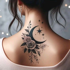 a woman's back neck with a flower and moon tattoo on her left side