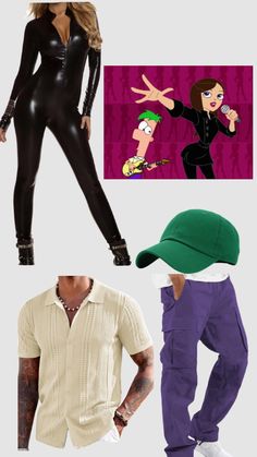 four different outfits and hats for women in the style of cartoon characters, including one woman wearing