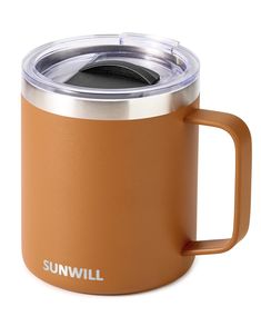 the sunvilll coffee mug has a lid on it