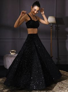 Mani Bhatia-Black Embroidered Lehenga With Embroidered Belt-INDIASPOPUP.COM Modern Lehenga Designs Style, Crop Lehenga, Black Sequin Lehenga, Black Lengha, Choli Design, Wedding Fits, Heavy Lehenga, Sangeet Outfit, Black Lehenga