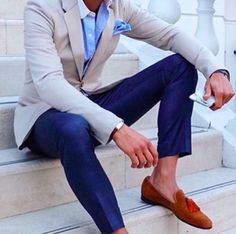 Like the color scheme a lot, don't like the shiny fabric Blazer With Blue Pants Men, Blair Wedding, Yellow Blazer Outfit, Grey Blazer Outfit, Blazer Pin, Austin Fashion, Light Blue Blazer, Brown Shoes Men, Mens Smart Casual Outfits