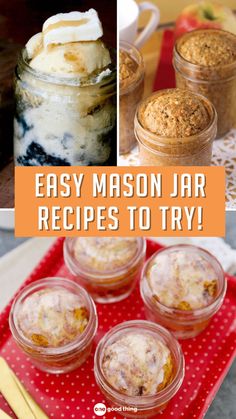 three different mason jar meals, with a text overlay that reads 'easy mason jar recipes to try' Muffin In A Jar Recipe, Mason Jar Desserts Gifts, Meals In A Jar Recipes Dry, Desserts In A Jar Recipes, Mason Jar Recipes Lunch, Mason Jar Meals Lunch, Mason Jar Food Ideas, Meals In A Jar Recipes Just Add Water, Mason Jar Lunch Ideas