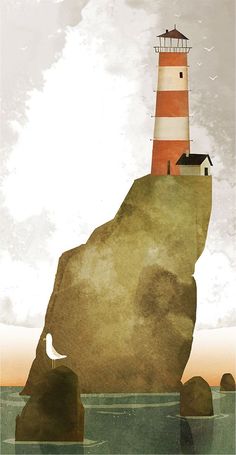 a painting of a lighthouse on top of a rock in the ocean