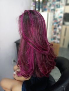 Pink And Purple Highlights In Brown Hair, Dark Brown Hair Pink Highlights, Dark Hair Pink Highlights, Magenta Highlights On Dark Hair, Dark Brown And Pink Hair, Dark Brown Hair With Pink Highlights, Hot Pink Highlights In Brown Hair, Brown With Pink Highlights, Dark Pink Highlights