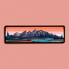 a painting on a pink wall with mountains in the background