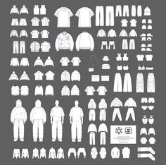 a large set of clothes and clothing silhouettes on a gray background, all in white