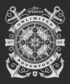 the emblem for an adventure with anchors and compasss on black background, hand drawn illustration