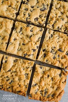 chocolate chip cookie bars cut into squares on top of each other with text overlay