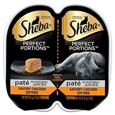 two packages of sheba perfect portions cat food with kitten's face and tail