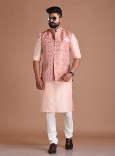 Important Instructions : We request you to kindly calculate the processing time of your order  after the mutual confirmation on Bespoke measurements between us has taken place (either via message , e mail or form) "Crafted with Passion in India; loved by men across the USA, Canada, Europe" Product Specifications : Material: Brocade Silk  Color: Pink Collar type: Mandarin Jawahar Jacket With 6 Buttons in Front Package contents: 1 Sleeveless Jodhpuri Jacket Men can wear Half-Jackets and style them Pastel Men’s Kurta, Cotton Nehru Jacket For Navratri Designer Wear, Cotton Nehru Jacket With Pallu For Festivals, Festive Pink Chanderi Nehru Jacket, Pink Nehru Jacket For Festive Occasions, Cotton Nehru Jacket With Pallu For Eid, Semi-stitched Chanderi Nehru Jacket In Straight Kurta Style, Festive Cotton Nehru Jacket With Pallu, Festive Pink Nehru Jacket Straight Kurta