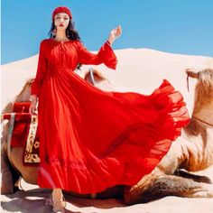 Boho Long Dress, Big Dress, Red Holiday Dress, Sleeve Ruffles, Big Dresses, Boho Dresses Long, Maxi Dresses Fall, Red Chiffon, Dress Autumn