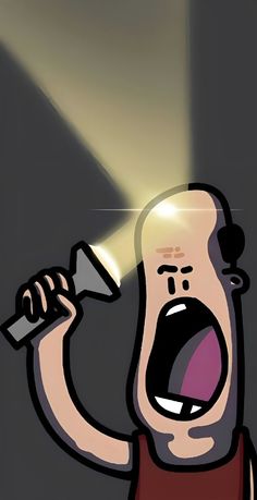 a cartoon man holding a flashlight in his right hand and screaming at the light coming from behind him