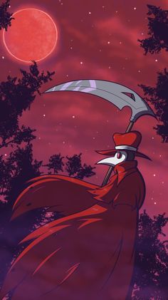 a cartoon character holding a large knife in front of a red sky with the moon behind him