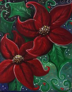 two red poinsettias with green leaves and swirls on a blue background