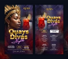 the flyer for quays diyas night with two drinks in front of it