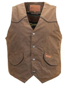 Product Description: This garment features a breathable design, button-down closure, insulated material, a security pocket, and warming properties. It is also waterproof and made with primary oilskin material, specifically for men. Care instructions include cleaning with a dry brush, washing with water only, and re-oiling once a year for waterproofing. This vest is suitable for a western or workwear lifestyle, with a 12oz oilskin fabric and other notable features such as besom pockets, inside po Cotton Outerwear With Button Closure For Outdoor Activities, Cotton Outerwear With Button Closure For Outdoor, Cotton Outerwear For Outdoor Activities, Brown Outerwear With Side Pockets For Outdoor Activities, Rugged Winter Vest For Outdoor Activities, Rugged Outdoor Winter Vest, Classic Brown Outdoor Vest, Classic Brown Vest For Outdoor, Functional Cotton Outerwear For Outdoor