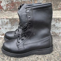 These well made work boots are sturdy and great quality. Black leather is in great condition! The boots do not have any defects that effect wear or integrity. Almost no wear on soles or any visible scuffs or defects. They are very durable and hold up well in all kinds of work conditions. Size 9.5 R made in the USA by Bates. Hold Ups, Leather Lace, Boots Shoes, Work Boots, Leather And Lace, High Top, Combat Boots, High Tops, Shoe Boots