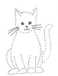 a black and white drawing of a cat with dots on it's face, sitting down