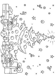 a christmas tree with presents on it and stars in the sky behind it coloring page