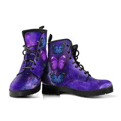 Welcome to the epitome of the footwear world, where Purple Galaxy Butterfly Leather Boots For Men And Women, Gift For Hippie Lovers, Hippie Boots, Lace Up Boots are not just a product but a symbol of style and comfort. Crafted from high-quality canvas, these Boots not only enhance the aesthetics of your stride but also shield your feet from dampness and chilly weather. The black rubber sole not only provides slip resistance but also ensures durability and abrasion resistance, making them a relia Purple Round Toe Boots For Outdoor, Purple Round Toe Outdoor Boots, Purple Leather Lace-up Boots, Purple Lace-up Leather Boots, Purple Lace-up Boots For Outdoor, Purple High-top Outdoor Boots, Galaxy Butterfly, Leather Boots For Men, Hippie Boots