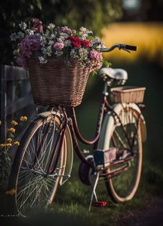 a bicycle with flowers in the basket parked next to a wooden fence and grass field