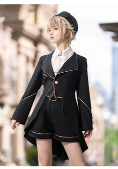 An item with the atmosphere of a prestigious butler. A fishtail jacket with different lengths at the front and back gives it an elegant feel. The short shorts are decorated with a belt at the waist. The blouse is decorated with ribbons and brooches on the chest, pleats on the front, and laces on the back. 
 
 Delivery schedule 
 
 This is a made-to-order product. 
 It will take approximately 2 to 2 and a half months from order to delivery. 
 
 
 
 Item 
 
 3-piece set of jacket + shorts + blouse Elegant Black Sets For Costume Party, Fitted Formal Shorts For Spring, Elegant Sets For Costume Party, Elegant Long Sleeve Costume Suit, Elegant Black Formal Shorts, Elegant Formal Black Shorts, Elegant Long Sleeve Sets For Costume Party, Elegant Spring Costume Outerwear, Elegant Short Sets For Spring