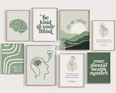 six framed posters with the words be kind to your mind, and an image of a person's head