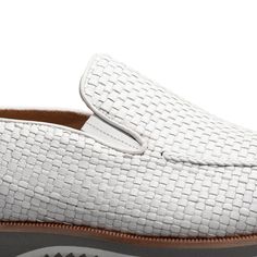 Mezlan Woven Hybrid Loafer White Contemporary, Casual Apron Toe Double Gore slip-on Loafer from the Mezlan Collection in Hand Woven Artisan Calfskin, featuring soft Calfskin lining, their injected memory foam comfort-cushion insole and a Rubber-Lite Grid Rubber Sole! Handmade in Spain. Elegant Slip-on Moccasins With Woven Sole, White Moccasins With Leather Sole And Plain Toe, White Moccasins With Leather Sole, White Plain Toe Moccasins With Leather Sole, Elegant Slip-ons With Woven Sole And Round Toe, White Loafers With Textured Sole And Plain Toe, White Plain Toe Loafers With Textured Sole, White Loafers With Textured Sole, Comfortable White Leather Shoes