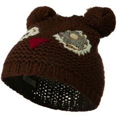 a brown knitted hat with a bear on it