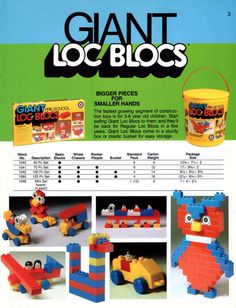 an advertisement for giant loc blocks, with pictures of the building blocks and instructions