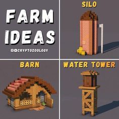 four different types of farm buildings with text that reads, farm ideas barn, water tower and silo