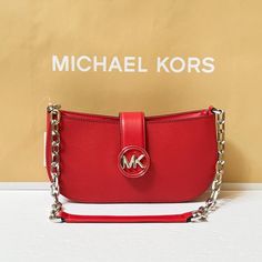 New With Tag Michael Kors Carmen Small Shoulder Chain Bag Saffiano Leather Michael Kors Logo At Front Silver Toned Hardware Bright Red 100% Authentic Retail: $398.00 Plus Tax **Please See The Measurement For The Size** No Dust Bag Michael Kors Logo At Front Zip Top Closure Smooth Leather On Flap Top Closure Custom Fabric Lining 3 Card Slots 9.5"(L) X 4.5"(H) X 2.75"(D) Strap: 11" Very Clean, Smoke-Free And Pet-Free Environment. Michael Kors Silver Shoulder Bag For Evening, Michael Kors Silver Evening Shoulder Bag, Silver Michael Kors Shoulder Bag For Evening, Michael Kors Shoulder Bag With Metal Logo, Chic Silver Shoulder Bag With Logo Hardware, Party Shoulder Bag With Logo Hardware, Bag Michael Kors, Michael Kors Logo, Mk Bags