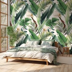 a bedroom with tropical wallpaper and wooden flooring