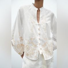 Brand New With Tags. Oversized Fit. Size Large White Floral Embroidery Relaxed Fit Top, White Floral Embroidered Relaxed Top, White Floral Embroidered Relaxed Fit Top, White Embroidered Blouse With Relaxed Fit, White Cotton Embroidered Top For Daywear, White Embroidered Relaxed Fit Top, Spring White Embroidered Shirt, White Cotton Tops With Tonal Embroidery, White Blouse With Floral Embroidery For Daywear