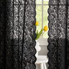 PRICES MAY VARY. Ready-Made:Made from Premium Quality Lace. Sold as Pair, 2 Panels Black lace curtains included.Each panel measures 52 inch wide by 45 inch long, total 104 inch wide. ELEGANT & GOTH DESIGN - Black lace curtains gothic with the scallop edge on the side are delicate for any common areas of your home, living room, bedrooms. These are very pretty and will bring a certain feminine/goth/witch touch to your space. Pefct to spice up any special themed party, for occasions like Halloween, Sheer Lace Curtains, Gothic Curtains, Black Window Treatments, Black Sheer Curtains, Living Room Halloween Decor, Halloween Curtains, Lace Curtain Panels, Retro Curtains, Goth Room Decor