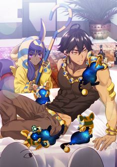 two anime characters are sitting on a bed