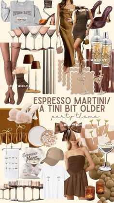 a collage of different types of clothing and accessories with words above them that read espresso martinia, a tint bit older