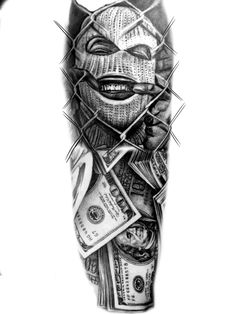 a man's leg covered in money and barbed wire with an evil mask on it