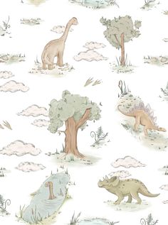 dinosaurs and trees in the sky with clouds