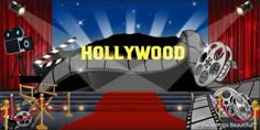 the hollywood stage is set up for an event with red carpet and movie reels