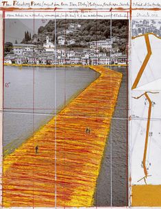 an image of a yellow line going across the water with buildings in the background and people walking on it