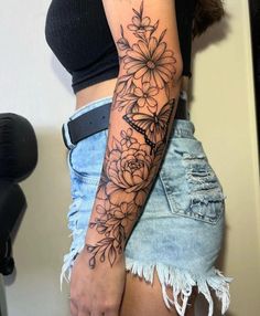 Floral Tattoos For Women Forearm, Flower And Butterfly Tattoo Sleeve, Wrap Around Arm Tattoo For Women, Wrap Around Forearm Tattoo Women, Outer Forearm Tattoos Women, Small Flower Tattoos For Women, Outer Forearm Tattoo, Floral Mandala Tattoo, Wrap Around Tattoo