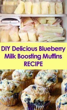 blueberry muffins are in the refrigerator and ready to be eaten with text that reads diy delicious blueberry milk booster