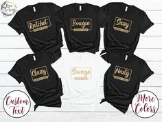 six t - shirts with the words getting ready in gold and black, on a white background