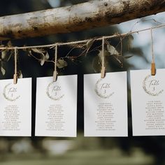 wedding seating cards hanging from a tree branch