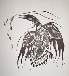 a black and white drawing of a bird with feathers